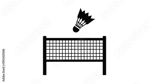 A black badminton shuttlecock flies over the net stark silhouette