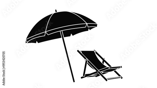 Beach umbrella and deck chair depicted in a stark black silhouette