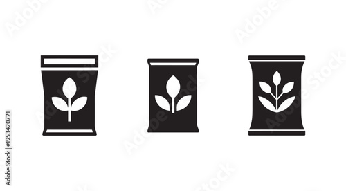 Seed bag icons with plant growth stages on black pouches for gardening and agriculture