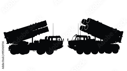Two military vehicles with missile launchers shown in black silhouette