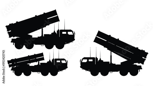 Four views of a military missile launcher vehicle black silhouette