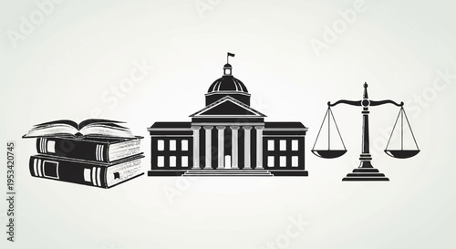 Justice system symbols with law books courthouse building and balance scales on white background