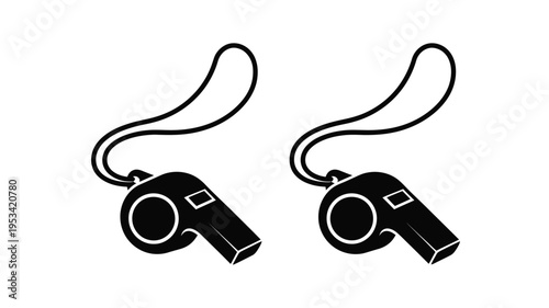 Two black whistle icons displayed against a white background silhouette