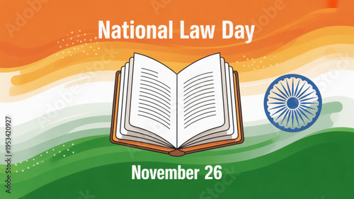 National law day india november 26 open book and ashoka chakra on indian flag background