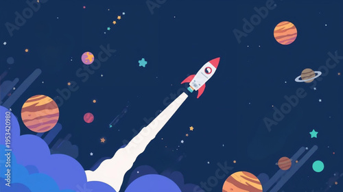 illustration rocket launching into space with trail smoke