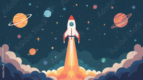 illustration rocket launching into space with trail smoke