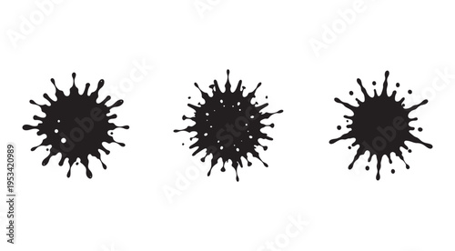 Set of black ink splatters on white background  isolated  liquid splashes