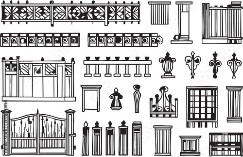 Vector art: decorative fence, gate, and railing designs - black and white clip art eps silhouette