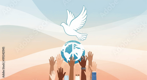 Diverse hands reaching up to a white dove holding a blue and white globe in a sunny sky with rays of light