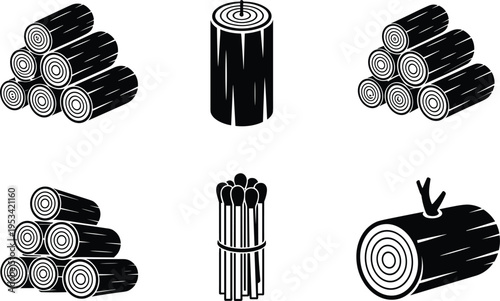 Wood logs and matches silhouettes vector set, timber stack firewood bundle isolated forestry illustration design