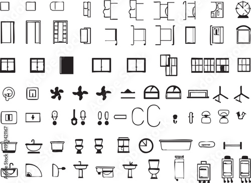 Architectural cad symbols vector pack: doors, windows, plumbing fixtures & electrical outlets eps silhouette