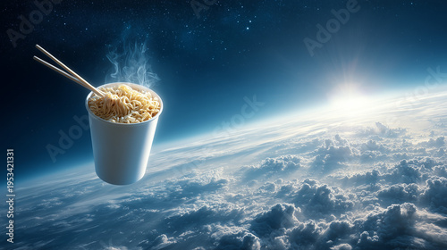 White instant noodle cup with chopsticks floating in outer space, minimal clean design, perfect mockup for branding, packaging, or creative product advertising.