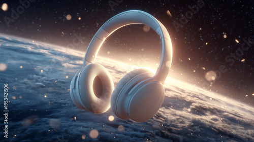 White wireless headphones floating in outer space with stars and galaxy, futuristic minimal concept of music, sound and technology in zero gravity.