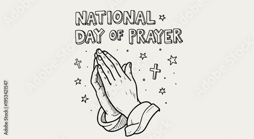 Praying hands with national day of prayer text and cross symbol on beige background