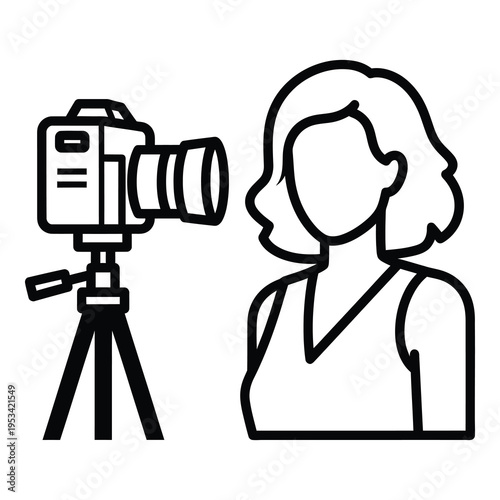 Line art illustration of woman with camera on tripod taking picture icon