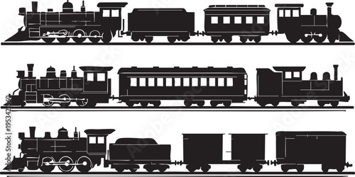 Train vector graphics: steam engine, passenger car, and railroad clip art eps silhouette