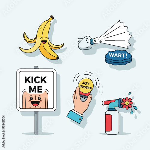 Whimsical illustrations, objects include banana, sprayer, a sign, hand and more