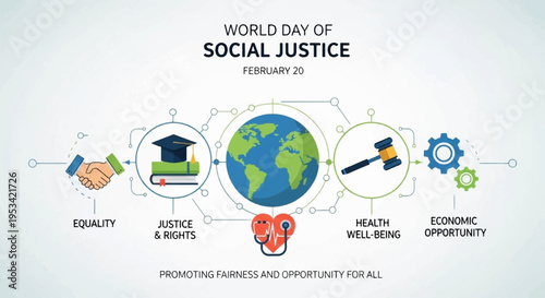 World day of social justice illustration with equality education health economy icons around globe