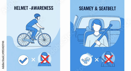 Road safety awareness infographic with helmet and seatbelt illustrations