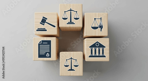 Justice and law concept with wooden blocks featuring legal symbols on a gray background