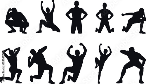 Set of athletic male silhouettes performing various dynamic poses including crouching, celebrating, lunging, and powerful bodybuilder stances for fitness, sports, and motivational graphic