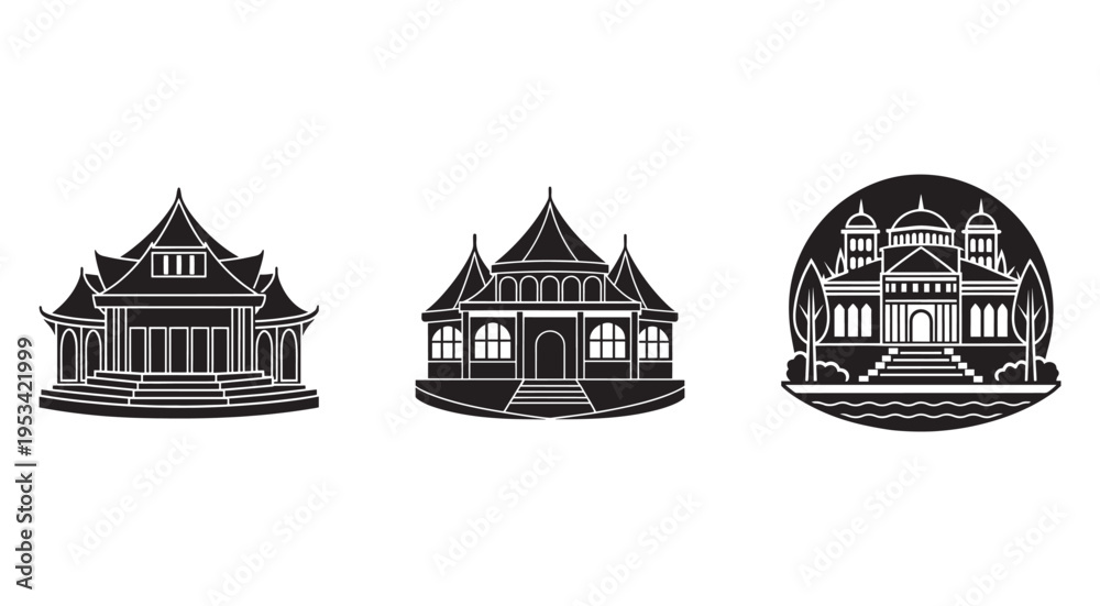 Fototapeta premium Three black and white illustrations of Asianstyle buildings with pagoda roofs and steps isolated on white background