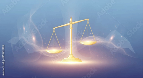 Glowing balance scale with ethereal hands reaching out on a blue gradient background symbolizing justice and harmony