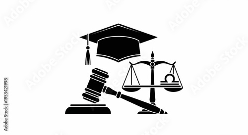 Law and education symbols including graduation cap judge gavel and balance scales on white background