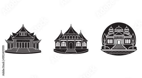 Three black and white illustrations of Asianstyle buildings with pagoda roofs and steps  isolated on white background