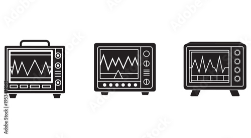 Three black and white oscilloscope icons with different waveforms on screen  electronic devices for measuring signal waveforms