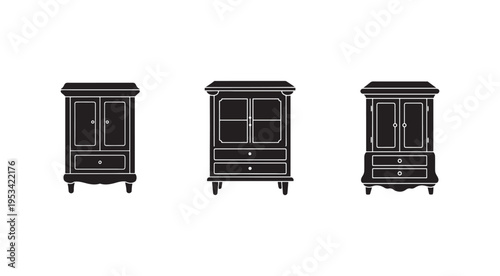 Three black and white silhouette style armoires with two doors and one drawer  furniture illustrations for home decor and design
