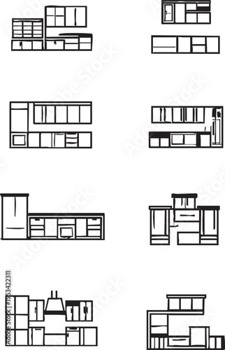 Kitchen layout plans vector: cabinet design, floor plans, and interior design eps silhouette