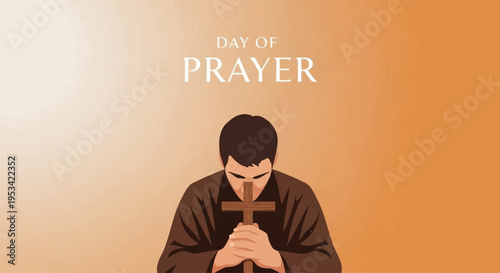 Man praying with clasped hands and closed eyes in contemplative mood with orange background