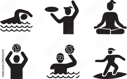 Sports and activities vector icons: swimming, frisbee, yoga, volleyball, water polo, surfing eps silhouette