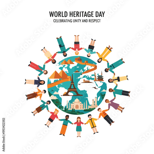 World Heritage Day  People encircling a globe with landmarks