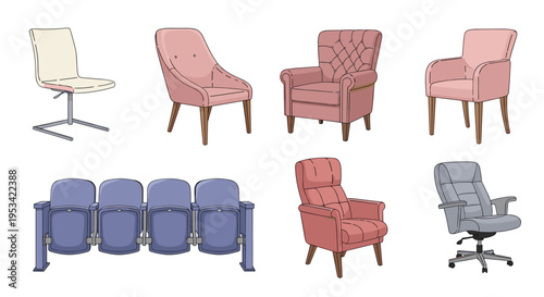 Diverse furniture set showcasing various types of seating including office chairs, plush armchairs, dining chairs, and auditorium seats.
