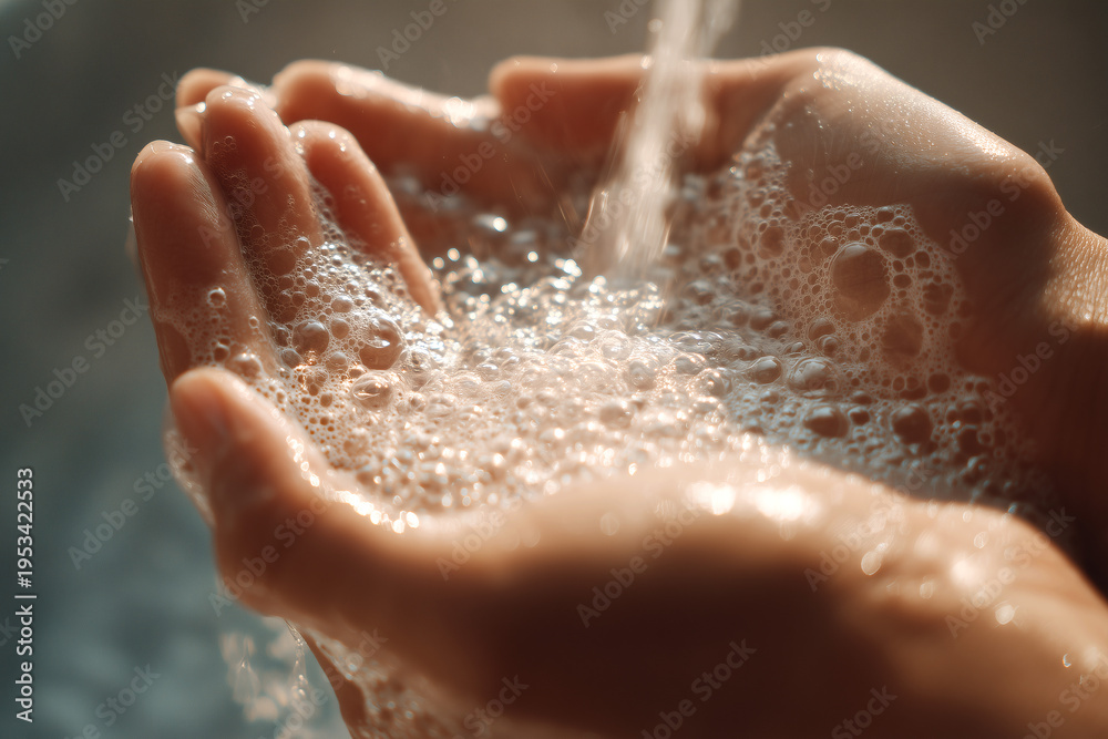Fototapeta premium Close up of cupped hands holding water and soap foam under warm sunlight
