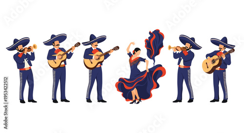 Vibrant cultural illustration featuring a traditional mexican mariachi band with musicians and a female flamenco dancer in a blue dress.