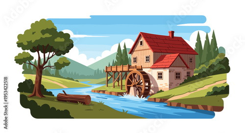Beautiful landscape illustration of a traditional wooden water mill by a flowing river set against rolling hills and evergreen trees.