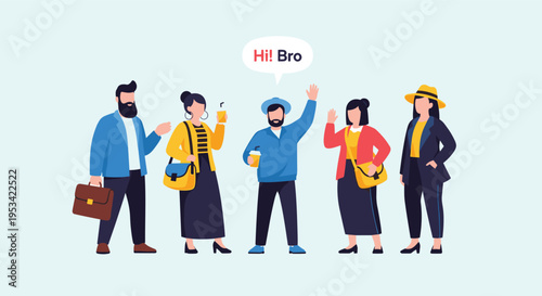 Diverse group of young professionals in casual business attire standing together and waving while one person says Hi Bro.