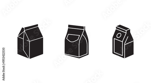 Three black carton milk boxes with white outlines in different orientations on a white background