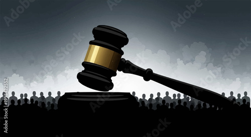 Judge's gavel with gold band on sound block with crowd silhouette in background symbolizing law and order