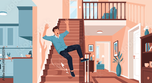 Action scene of a man accidentally slipping and falling down the stairs in a modern house interior with a kitchen in the background.