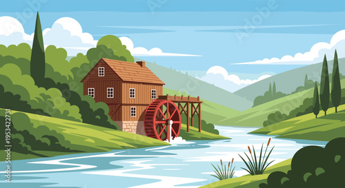 Serene landscape illustration of a wooden water mill beside a calm river with green meadows, cypress trees, and distant hills.