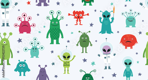 Fun seamless pattern for kids featuring various colorful cartoon aliens, astronauts in space suits, and yellow stars in space.