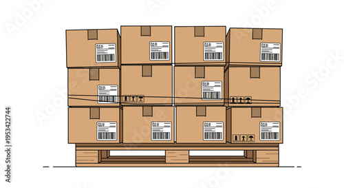 Stacked brown cardboard boxes with barcode labels and shipping marks arranged neatly on a wooden shipping pallet for logistics.