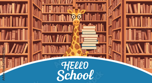Whimsical banner for school featuring a clever giraffe wearing glasses and holding a stack of books in a vast, classic library.