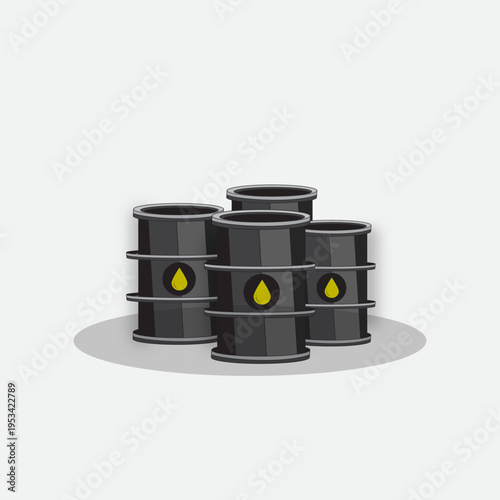 Vector illustration of oil barrels with black drums and yellow drop icons, representing petroleum industry, fossil fuel storage, energy resources, global oil supply, and industrial business concept.