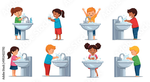 Educational illustration set showing diverse young children practicing good hygiene by washing their hands with soap at a sink.