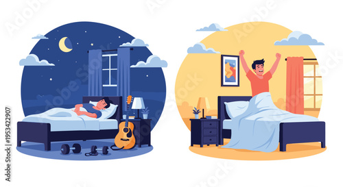 Dual illustration comparing a peaceful nighttime bedroom scene with a person sleeping and a bright morning scene of waking up.
